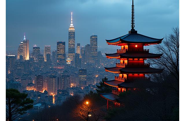 東京の近代的なスカイラインと伝統的な寺院