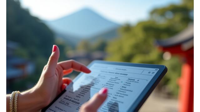 日本の美しい景色を背景に、旅行プランを相談する人々