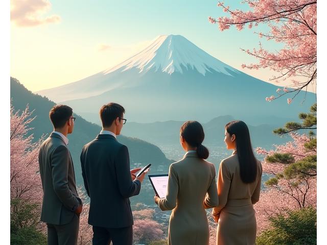 日本の美しい景色を背景に、旅行プランを相談する人々
